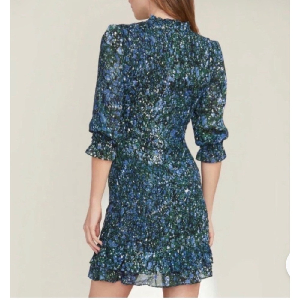 Veronica Beard Farha Mini Dress 10 Blue Green Smocked Botanical Boho - Picture 2 of 8